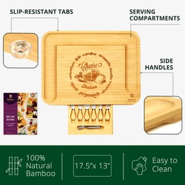Extra Large Cheese Board - Bamboo Cheese Board and Knife Set - Charcuterie Board Set, Charcuterie Platter & Serving Tray (17.5" x 13")