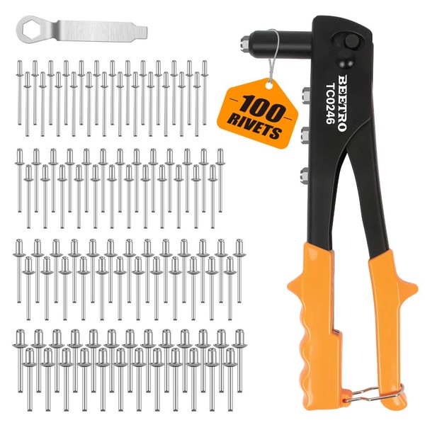 BEETRO Heavy Duty Hand Riveter, Rivet Gun Set, 3/32 inch-1/8 inch-5/32 inch-3/16 inch, 4 Nosepieces Set Includes 100pcs Rivets, Durable and Suitable for Metal, Plastic and Leather