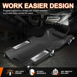 PM PERFORMOTOR 40 Inch Plastic Rolling Garage Creeper with Padded Headrest and LED Light, Dual Tool Trays and Noiseless Casters, Black