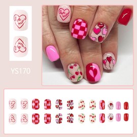 Valentines Press on Nails Short Square Red Pink Fake Nails with Hearts Design Cherry Love False Nails Extra Short Valentines Nails Cute Acrylic Glue on Nails Winter Spring Stick on Nails for Women