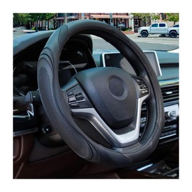 TSUGAMI 15 Inch Car Leather Steering Wheel Cover, Automotive Accessories Elastic Breathable Anti-Slip Soft Wheel Protector Fits Men and Women, Suitable for SUVs, Trucks, Vehicles and RVs (Black)