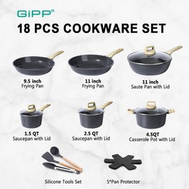 GiPP Ceramic Pots and Pans Set Non Stick - 18 Pcs Nonstick Cookware Set, Non-toxic Healthy Kitchen Cooking Set w/Frying Pans Set, Dishwasher Safe, PFAS PTFE PFOA PFOS Free