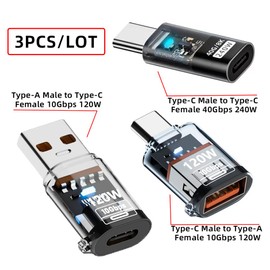 NFHK 3 Pack USB C Converter, USB 3.2 to USB C 10/40Gbps Data Transfer PD 120W/240W Fast Charging Converter Adapter