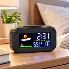 Digital Weather Station Alarm Clock for Bedside Use – Color Display with Temperature, Humidity & Calendar for Bedroom