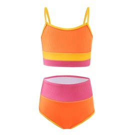 Haloumoning Girls Swimsuits Bikini Set Adjustable Straps Two Piece Color Block Girls' Swimwear with Chest Pad 5-14 Years