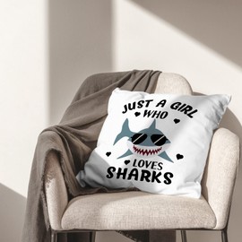 JIMOWANG Shark Pillow Cover, Just a Girl Who Loves Sharks Decorative Pillowcase Throw Pillow Cover, Shark Room Decor, Ocean Fish Shark Lover for Sofa Couch Home Girls Room Decor 18 x 18 Inches