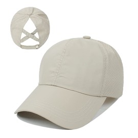 Women-Cotton-Summer-Sun-Hat-Floppy-Brim-Soft-Cap-Foldable-Packable for Outdoor (Khaki-Ponytail)