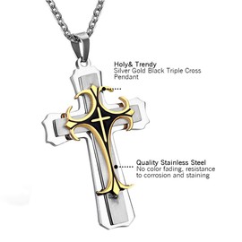 Cupimatch Men's Stainless Steel Cross Pendant Necklace With 55 cm Chain Silver Gold, Stainless Steel