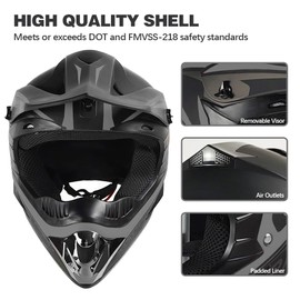 TTMiku DOT Youth Kids Motocross Helmet, Gray Motorycle Helmet, Unisex Off-Road Dirt Bike ATV BMX MX Downhill Street Ride Helmet Goggles Gloves Mask, M