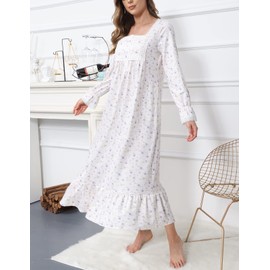 Soft Nightgowns for Women Knit Cotton Victorian Long Sleeves Ladies Full Length Nightdress with Pockets (Lilac Rose, 2XL)