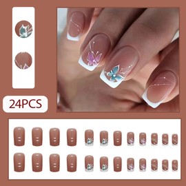 Hrnsnails Nails Press on, White French Tip Press On Nails Medium Square Fake Nails with Flower Spring Summer Nails Design, Acrylic Artificial False Nails Press Ons Stick On Nails for Women