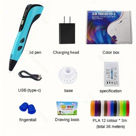 3nd Generation 3D Printing Pen with 12 Colors Filament USB Type-C Charging 118FT/36M PLA  DIY Sculpting Tools Creative Learning Art:_Blue (Third Generation deluxe Upgraded version）_1 Set
