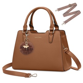 IGOLUMON Women's Top-Handle Handbags PU Vegan Leather Satchel Purses for Women Designer Tote Purse Handbag with Cute Pompom, Brown, Fashion