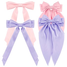 Atoden Hair Bows 4Pcs Silky Satin Hair Ribbons Pink Purple Cute Coquette Bows Oversized Long Tail Bow Hair Barrettes Metal Clips Big Bowknot Hair Accessories for Women Teen Girl Gifts Trendy Stuff