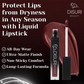 DISURI Beauty Matte Liquid Lipstick for Girls & Women - Non-Sticky & Matte Lipstick Long Lasting 12-0.8 FL Oz - Perfect for Any Occasion - Cruelty Free Lipstick - (At My Worst: 104)