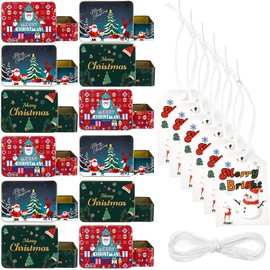 Pelopy 12 Pcs Christmas Candy Tins with Lids, Small Christmas Cookie Metal Boxes for Gift Square Tinplate Xmas Tins with Ribbons and Tags Holiday Treat Container for Xmas Party Favor Supplies
