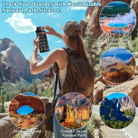 National Parks Water Bottle with Stickers, Birthday Gifts for Men and Women, 32oz Wide Mouth Leakproof Stainless Steel Bucket List Insulated Bottle for Camping & Hiking