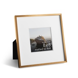 HAUS AND HUES 8x8 Picture Frame with Real Glass & Brass Premium-Grade Metal Matted to 4x4 - Aluminum 8x8 Picture Frame - Includes Easel Back, Hanging Kit - Ideal for Home, Office (8x8 in, Brass)