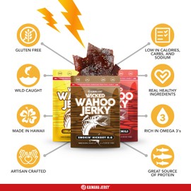 Wahoo Ono Fish Jerky Variety Sampler- Smokin' Hickory O.G, Island Citrus & Spicy Chili - Organic, Gourmet Smoked Fish Strips, Rich in Omega-3 & Protein, Low-Calorie, Low Sodium & Sugar- 3/0.5 oz Variety Pack