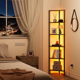 TUTOTAK Corner Shelf with LED Light, 6-Tier Corner Bookshelf for Small Space, Narrow Display Corner Shelf Stand with Storage Rack, for Living Room, Bedroom, Black BS05BK006L