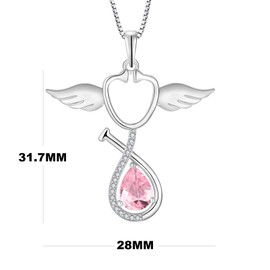 Aprila Women Necklace 925 Sterling Silver Guardian Angel Wings Stethoscope Pendant Necklace with Cubic Zirconia October Birthstone Tourmaline Color Jewelry Medical Doctor Nurse Jewelry
