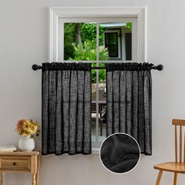 Beda Home Linen Textured Curtain Panels for Kitchen Living Room; Light Filtering Rustic Short Panels for Small Windows Bedroom/Bathroom/Basement Privacy Added Rod Pocket Design (Black, 36x36-2PCs)