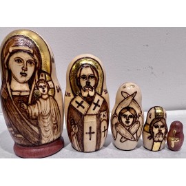 Russian Nesting Doll Set of 5 Matryoshka Hand Painted wood Burned Icon Religious