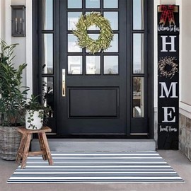 USTIDE Front Porch Doormat 23.6'' x 51'' Navy White Striped Outdoor Rug Washable Farmhouse Door Mat Cotton Hand-Woven Reversible Welcome Layered Doormat for Kitchen/Bedroom/Laundry Room/Bathroom