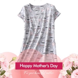 Inadays Sleepwear Women's Nightgown Cotton Sleepshirts Short Sleeve Nightshirt Print Sleep Dress R Neck Nightdress Loose Comfy Pajama