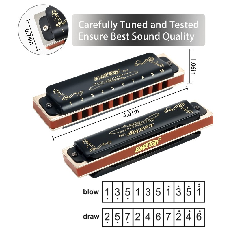 East Top Diatonic Blues Harmonica 10 Holes T008K Key of