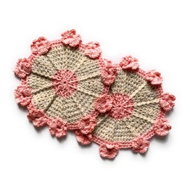 Crochet Coasters for Cup Set of 2 piece Potholders Handmade Flowers Pink Linen Mini Doily Bohemian Centerpiece Boho Table Placemats Coffee Table Accessories