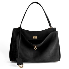 Leather Suede Tote Bag for Women: Genuine Leather Satchel Purse - Fashion Ladies Designer Shoulder Handbag for Travel Work (Black)