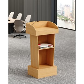 Xibolai Wooden Podium Stand Lectern Oak Color 16MM Wood Board Elegant Design with Storage Wooden Pulpit for Restaurants Churches Seminars and Schools