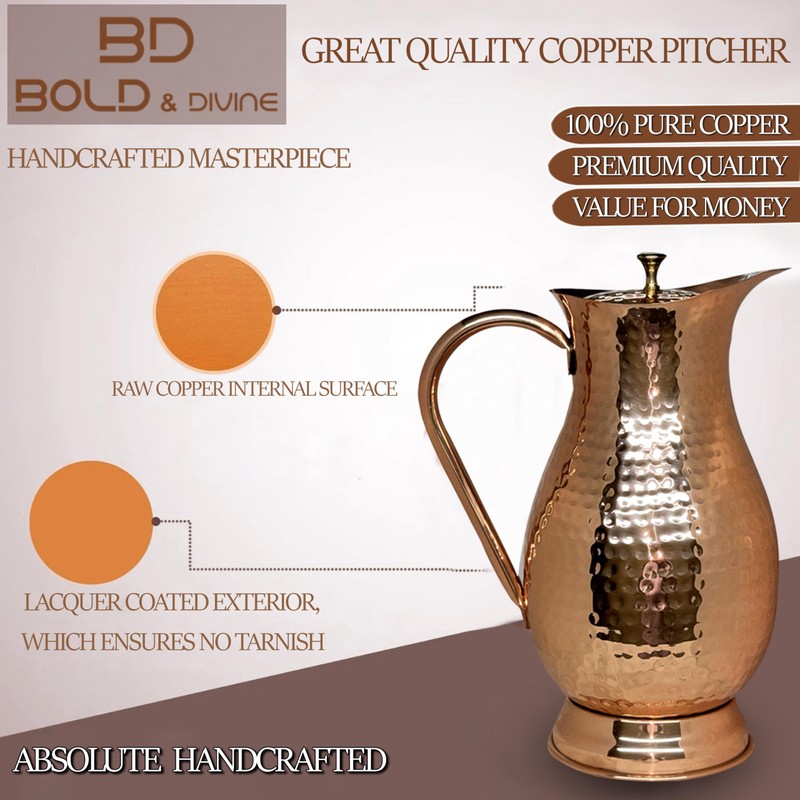 Bold & Divine Pure Copper Water Pitcher, Copper Pitcher with