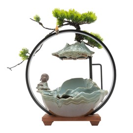 RocoReny Tabletop Water Fountains Indoor Waterfall with LED Lights Fake Plants Feng Shui Office Home Decor Plants for Good Luck Wealth, Zen Master (Monk Style)