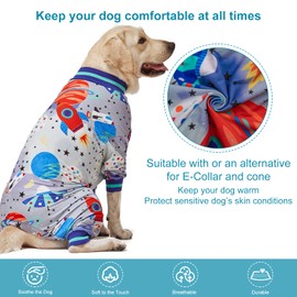 LovinPet Large Dog Wound Care/Surgery Recovery Clothes, Large Dog Pajamas, Lightweight Stretchy Jersey Knit, Galaxy World Gray Print, Big Dog Jammies, UV Protection, Large Breed Dog Pet PJ's/Medium