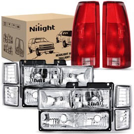 Nilight Headlight and Taillight Assembly Combo Compatible with 1994 1995 1996 1997 1998 Chevy Silverado Tahoe Suburban C10 C/K 1500 2500 3500 Tail Light Chrome Housing Clear Reflector Bumper Lamp