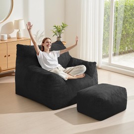 INMOZATA Bean Bag Chair for Adults, 3FT Beanbag Chair with Ottoman Pre-Filled Fluffy Lazy Chair Corded Fabric Accent Chair for Bedroom Living Room Dorm (Black)
