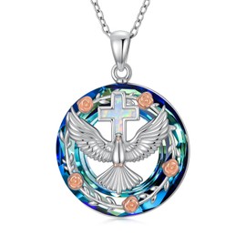 ADLSTIGH Holy Spirit Dove Necklace with Blue Crystal 925 Sterling Silver Dove Opal Cross Protection Pendant Crystal Jewelry Anniversary Birthday Christmas Gifts for Women Mom Her
