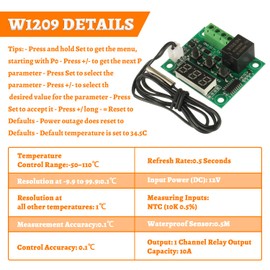 HUAREW W1209 12V DC Digital Temperature Controller Board Micro Digital Thermostat -50-110°C Electronic Temperature Temp Control Module Switch with Waterproof Case（2PCS）