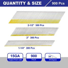 uxcell 900Pcs 15 Gauge Angled Finish Nails, 1-1/4"/2"/2-1/2" Length, 34-Degree, Galvanized Assorted Size Project Pack for Woodworking Construction, Color Zinc