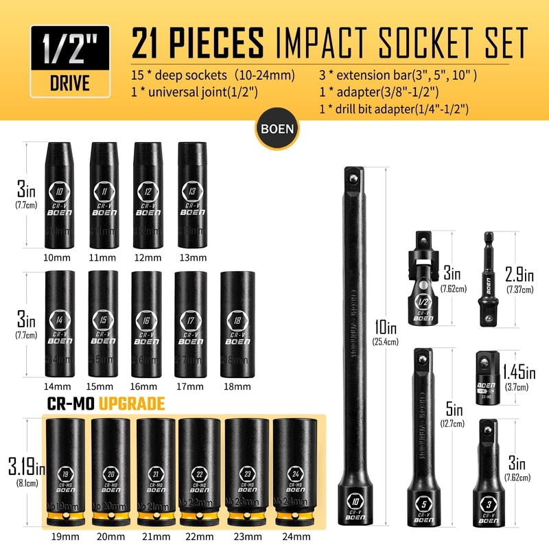 BOEN Pro 1/2" Drive Metric Deep Impact Socket Set, 21-Piece