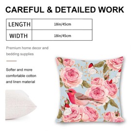 Pink Roses Red Headed Sparrow Butterfly Cotton Linen Throw Pillow Cover 18x18 Inches -Soft Comfortable Healthy Colorful Decorative Pillow Cases for Car Home Decor