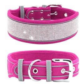 haoyueer Rhinestone Dog Collar, Dazzling Sparkling Soft Suede Reflective Large Dog Collar Crystal Diamond Collar for Medium & Large Dogs (M:15-19", Hot Pink)