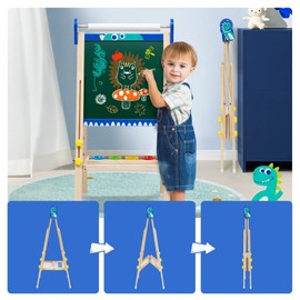 Kids Art Easel, Wooden Art Easel with Paper Roll,Foldable Double-Sided Easel for Kids with Whiteboard & Chalkboard,Height-Adjustable Art Easel for Kids with Numbers and Other Accessories
