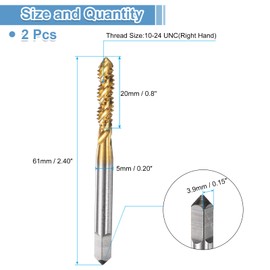 sourcing map 2pcs Spiral Flute Thread Taps 10-24 UNC 2B Machine Threading Tap Bit, Titanium Coated Screw Tapping Repair Tool, M2 High-Speed Steel (HSS)