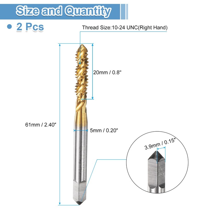 sourcing map 2pcs Spiral Flute Thread Taps 10-24 UNC 2B