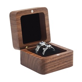 Wooden Ring Box for Wedding Ceremony 2 Slots,Small Square Solid Wood Double Ring Holder Case Box,Vintage Ring Bearer Box for Engagement Proposal,Rustic Jewelry Gift Storage Box-Black