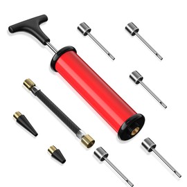 Motorenbau Ball Pump, Sports Ball Pump with 5 Needles, Nozzle, Extension Hose, Push & Pull Inflator System, Perfect for Volleyball, Basketball, Football, Soccer, Water Polo, Swim Inflatables Red