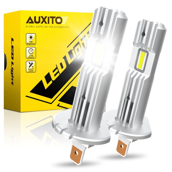 AUXITO 2023 Upgraded H1 LED Bulb, 1:1 Mini Size 6500K White, No Adapter Required Easy install, H1ll Fanless LED Headlamp Kit Low Beam High Beam Fog lights, Canbus Ready, Pack of 2